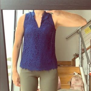 J. Crew sz xs blue LACE RUFFLE-NECK TOP